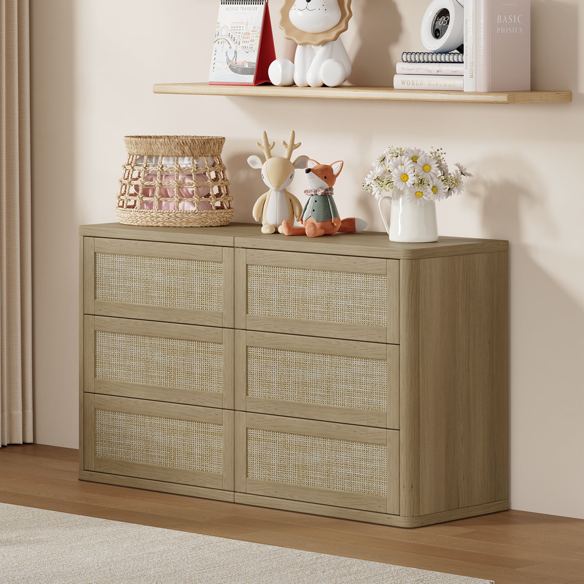 SICOTAS 53.6" Wide 6 Drawer Modular Rattan Dresser for Bedroom, Long Modern Chest of Drawers with Pop-Up Drawers%& Unique Rattan Design, Amber Oak