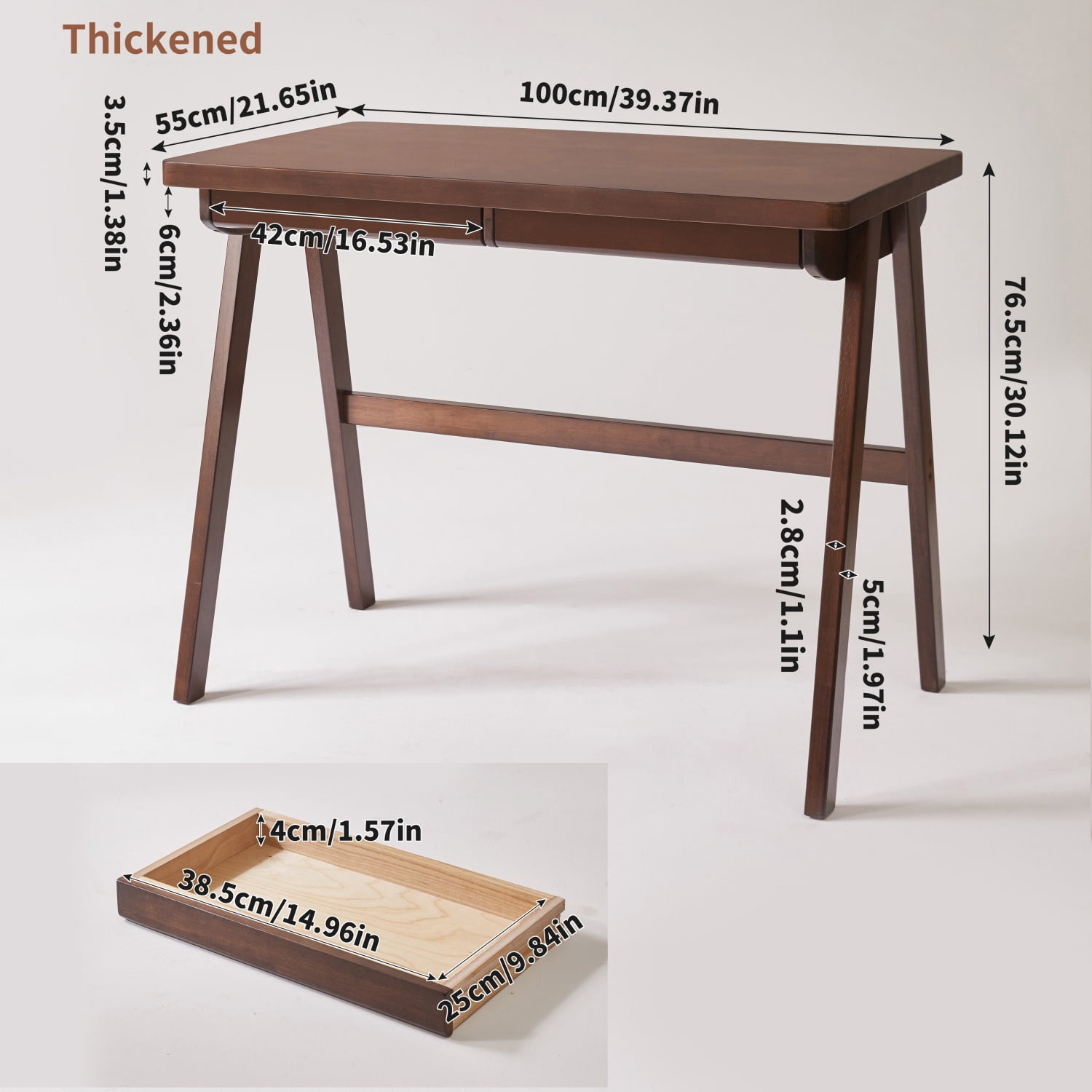Hommoo Solid Rubberwood Computer Desk with Drawer, Extra-Thick 1.38" Tabletop, A-Frame Study Desk for Home Office, Kids Learning & Drawing, Walnut