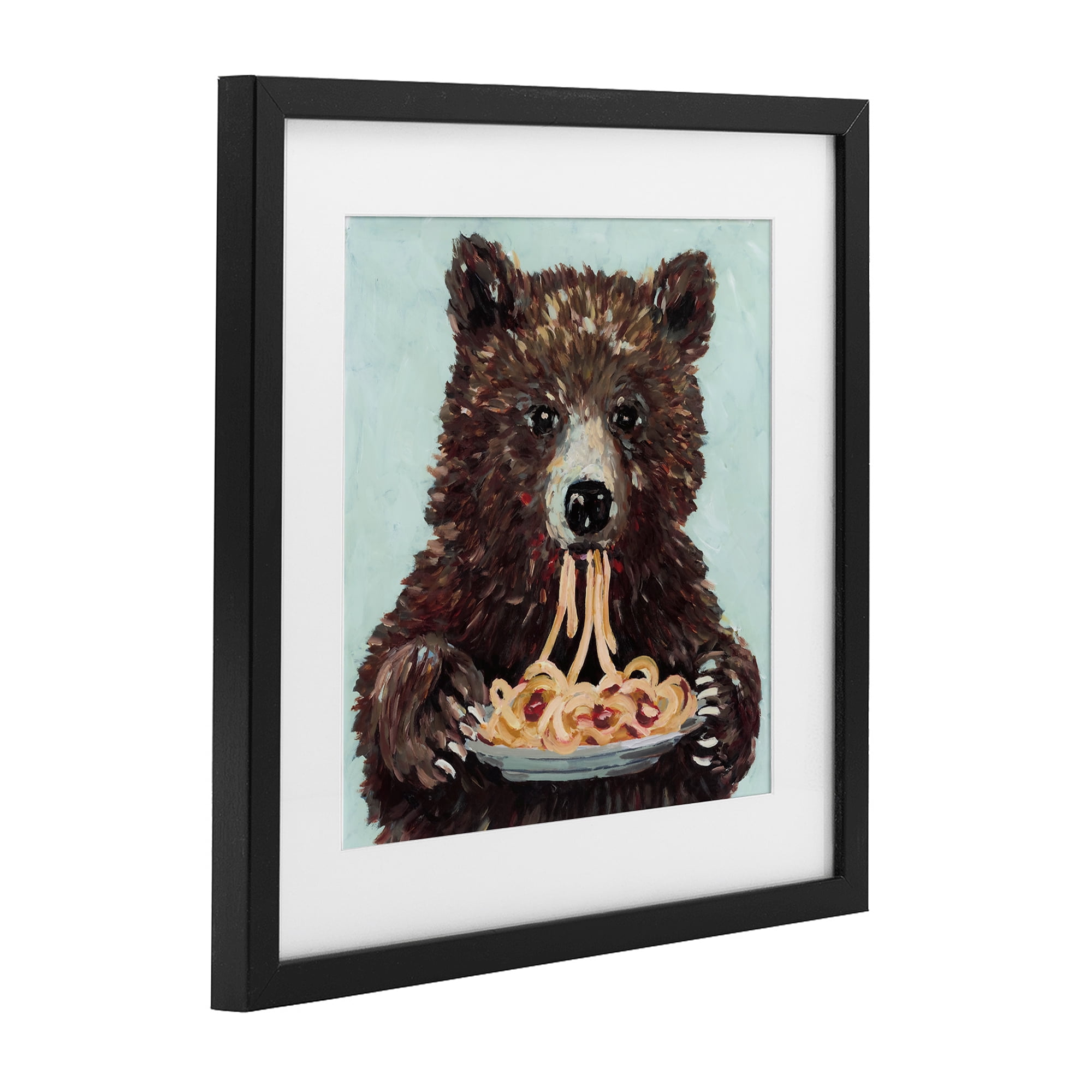 Whimsical Bear & Spaghetti Black Framed Print Under Glass, design by Studio Bautista