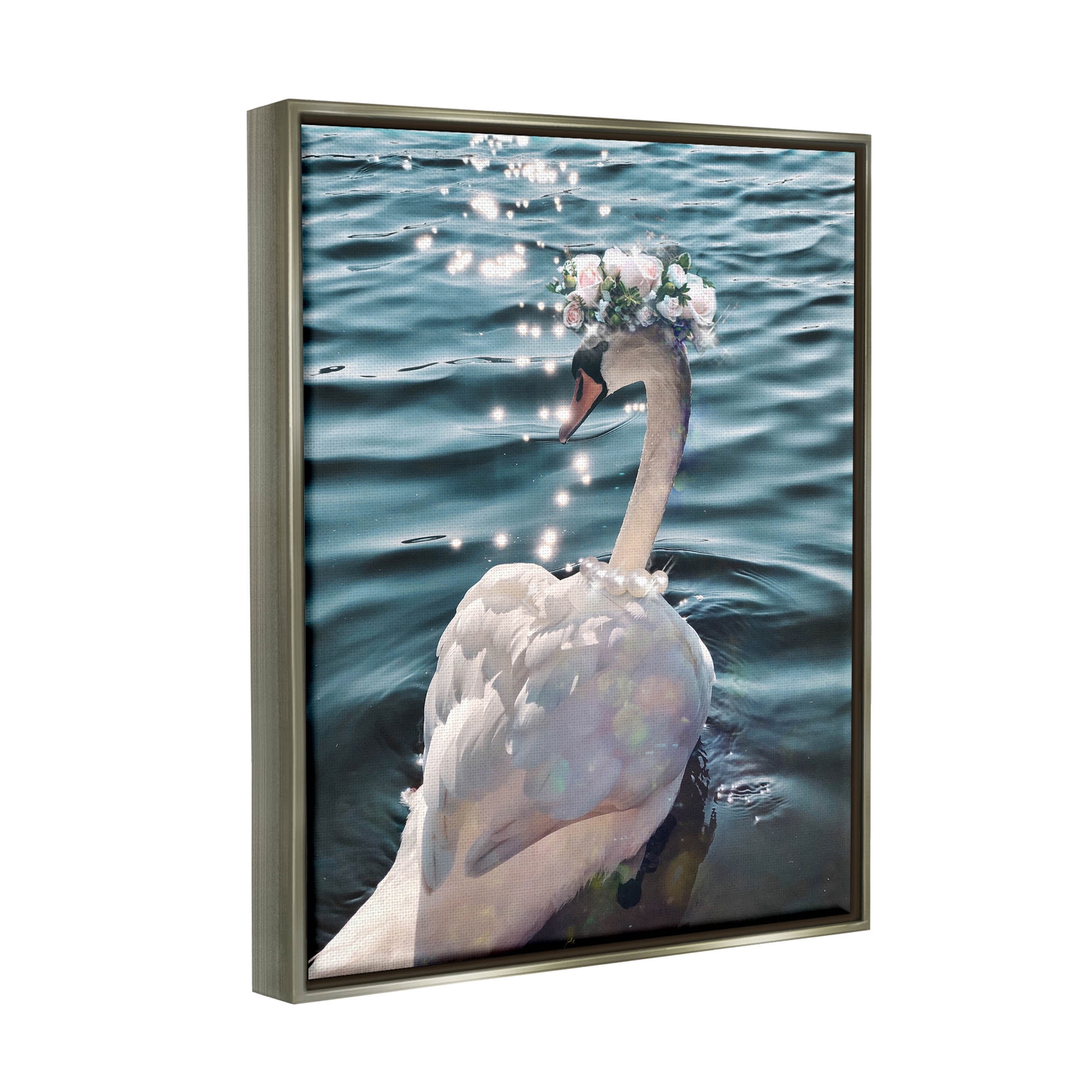 Flower Crown Swan Lake Ripples Animals & Insects Graphic Art Luster Gray Framed Art Print Wall Art