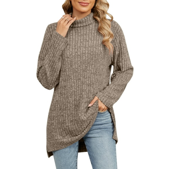 OBEEII Womens Oversized Turtleneck Sweater Fall Winter Ribbed Knitted Tunic Sweater Long Sleeve Pullover Tops Casual Leisure Outfits