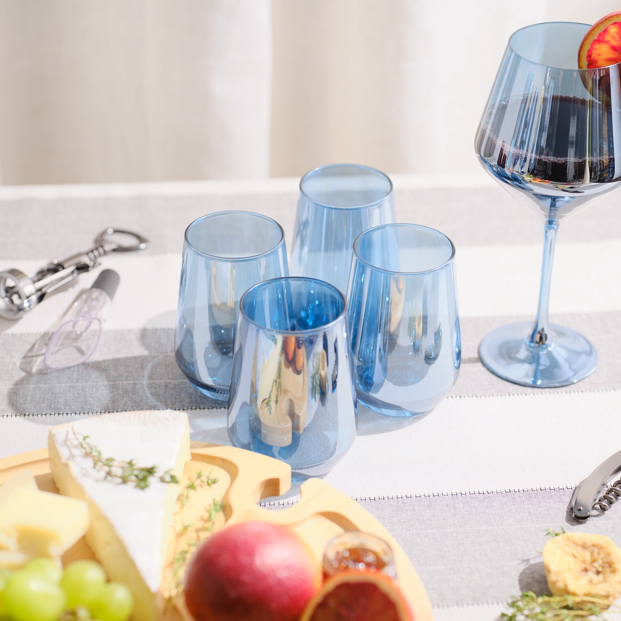 Thyme & Table 4-Pack Stemless Angled Wine Glass Set, Iridescent Blue