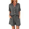 thumbnail image 3 of ClodeEU Women's 2 Piece Linen Cotton Outfits,Collared Button Down Shirt and High Waist Wide Leg Shorts Set,Casual Summer Loungewear with Pockets Gray,Women's Plus S, 3 of 8
