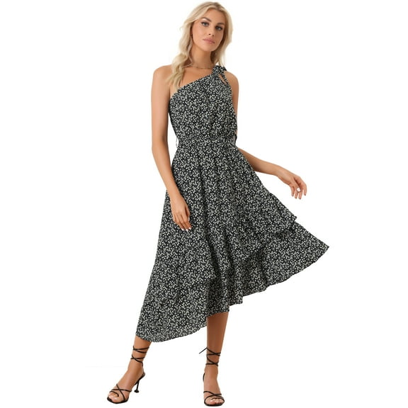 Unique Bargains Women's Sleeveless Layered One Shoulder Tie Floral Midi Dress XS Black