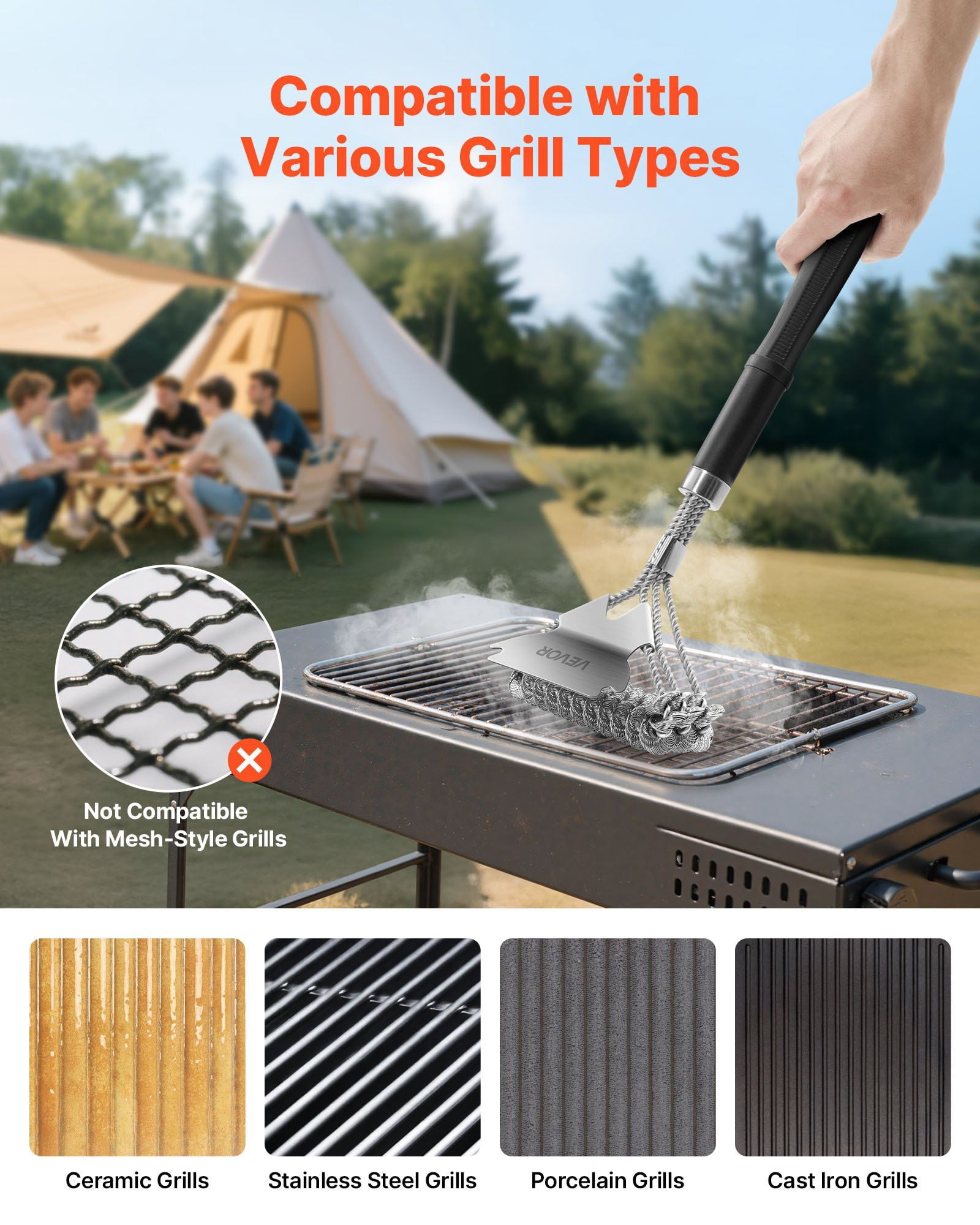 Stainless Steel Bristle Free BBQ Grill Brush Scraper 17in Outdoor Grill Cleaner for Porcelain Charcoal Grates
