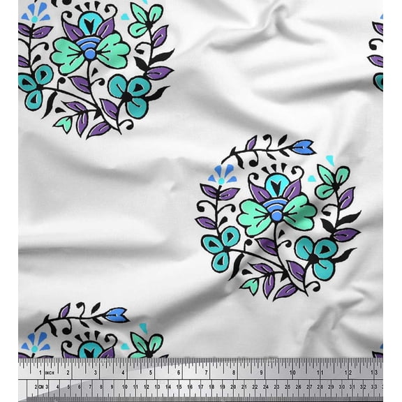 Soimoi Crepe Silk Fabric Leaves & Floral Block Printed Fabric 1 Yard 42 Inch Wide