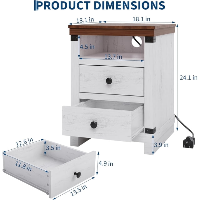 QinaQin 1PC Nightstand with Charging Station, 2 Drawers, USB & Outlets, White