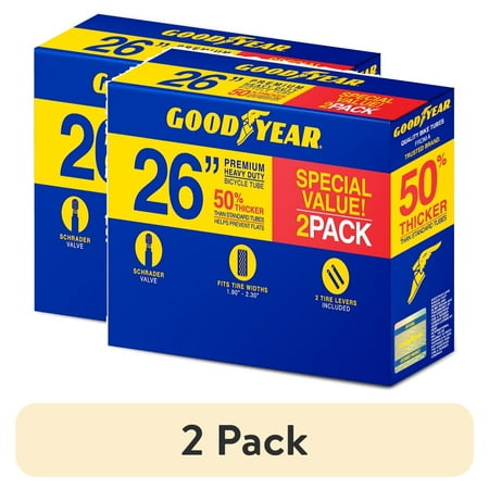 (2 pack) Goodyear 26" x 1.9"-2.3" Heavy Duty Bike Tube, 2 Pack with levers