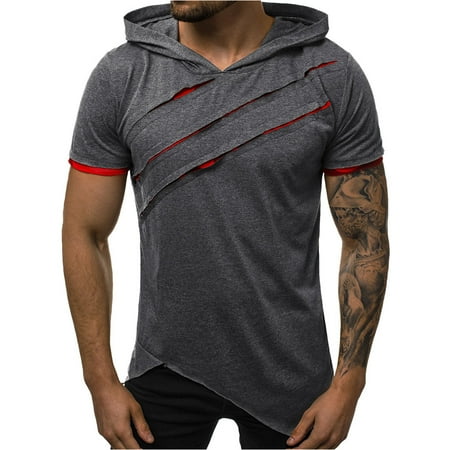 Outfmvch hoodies for men Summer Casual Patchwork Slim Short Sleeve Hooded T Shirt womens tops mens sweaters Dark Gray