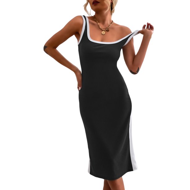 VISgogo Vestido de verano para mujer, patchwork, cuello en U, elástico, ajustado, ceñido al cuerpo, falda ajustada para mujer VISgogo moda