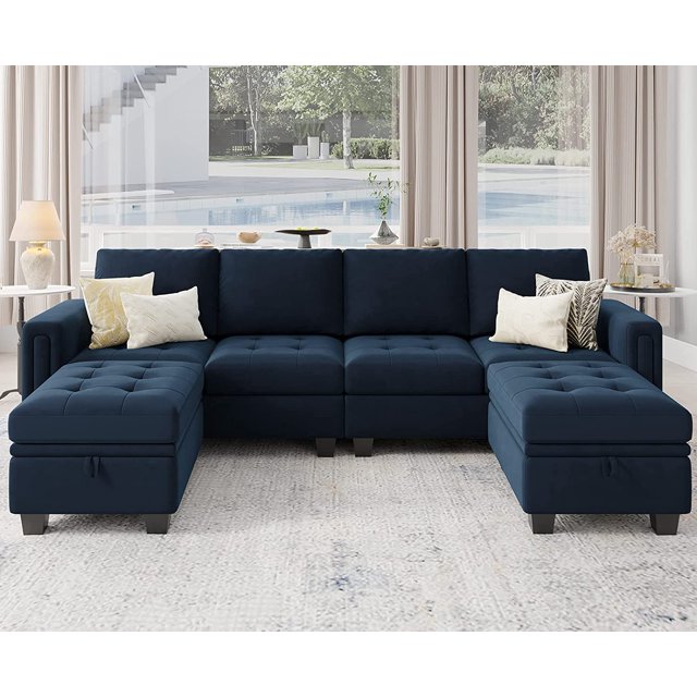 Belffin Velvet U Shaped Sectional Sofa Couch with Storage Ottoman