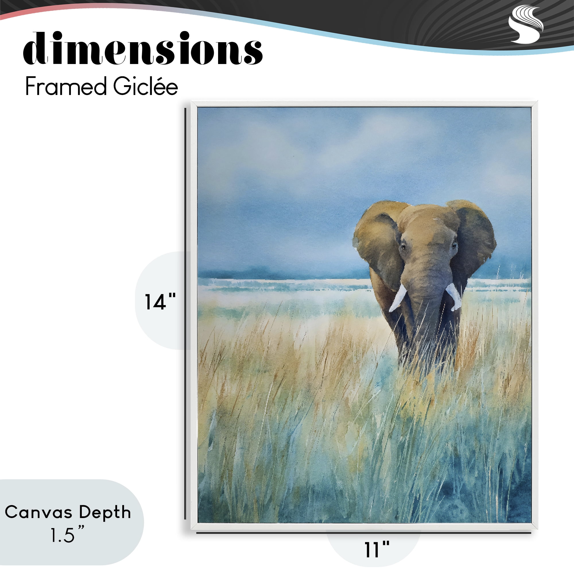 Stupell Industries Blue Grass Elephant White Framed Giclee Art, design by Franklyn Gregory
