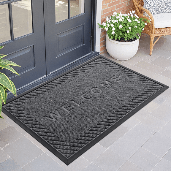 PABUBE Welcome Mat Front Door Mat Non-slip Doormat, Low Profile Outdoor Doormat Entry Rug for Entryway, Patio, Black Gray, 17" x 32"