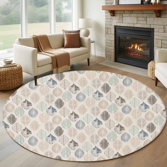 Teal Beige Tropical Leaves Round Area Rug 5 FT, Non Slip Bedroom Area Rug, Farmhouse Burlap Aesthetics Washable Soft Circular Carpet Non-Shedding Floor Mat for Kitchen Dining Room Foyer Balcony Dorm