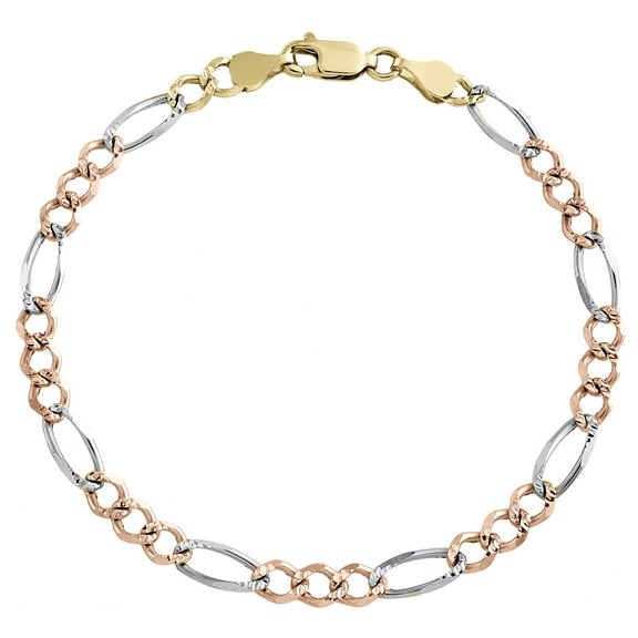 14K Tri Color Gold Unisex 4mm Diamond Cut Solid Figaro Link 7" Fancy Bracelet