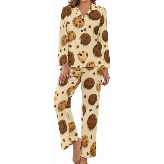 Top-kevin Women Long Sleeve Pajama Set Comfy Pjs Sets Cookie Chocolate Chips 2 Piece Lounge Set