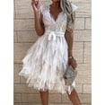 thumbnail image 5 of Women's Lace V-Neck Ruffle Dress with Tiered Belted Detail featuring 100% Polyester Fabric for Elegant Party Wear, 5 of 9