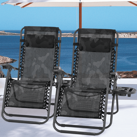 Sptwo Set of 2 Adjustable Steel Mesh Zero Gravity Lounge Chair Recliners w/Pillows and Cup Holder Trays - Camouflage