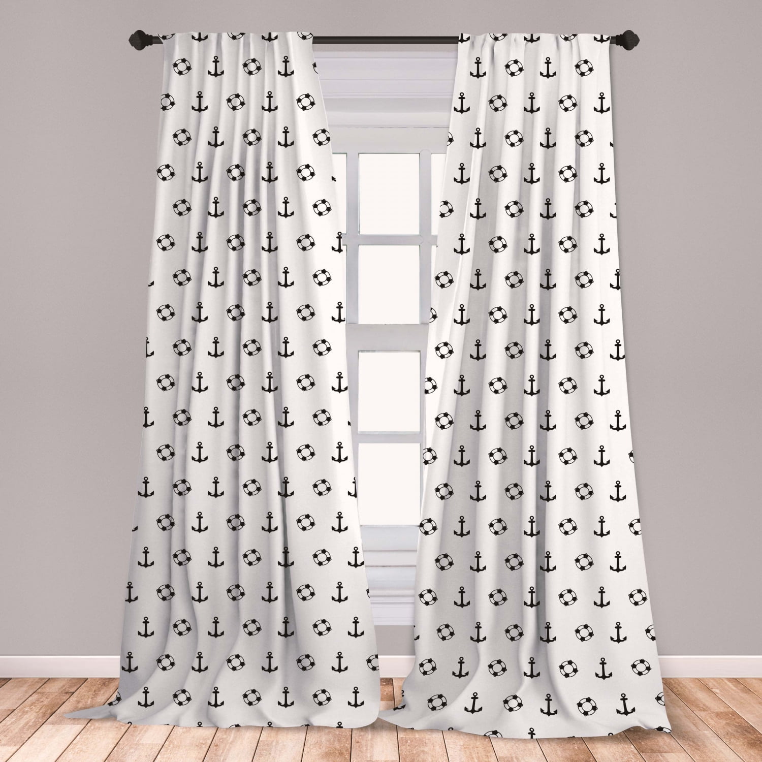 Nautical Curtains 2 Panels Set, Maritime Theme Objects Anchors and