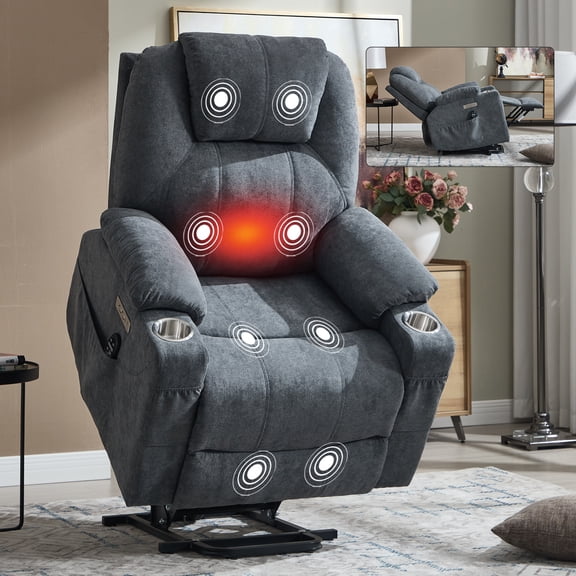 Leumius Power Lift Recliner Chair,Heavy Duty Recliners with 8-Point Vibration Massage and Lumbar Heating,Oversized Single Sofa with Cup Holder,USB and Type-C Ports,Gray