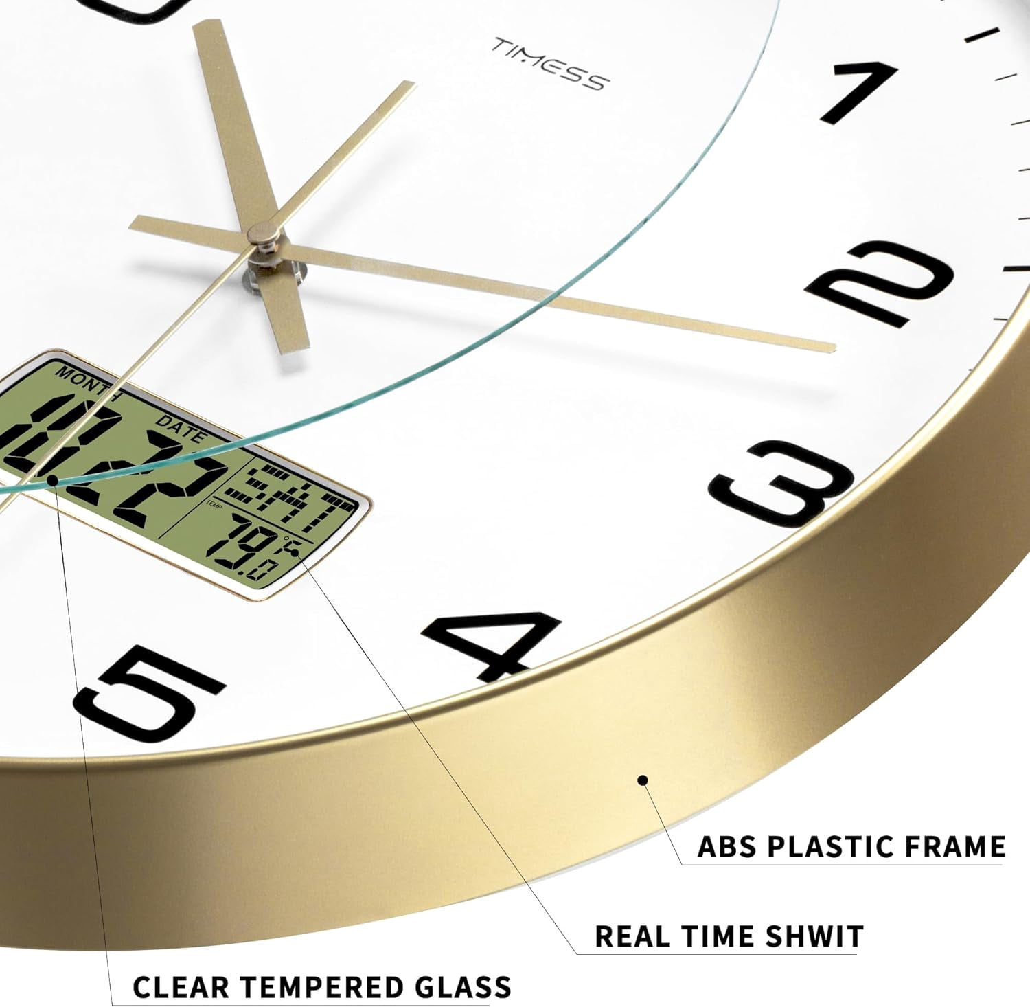 TIMESS 12" Analog Wall Clock with Date Display, Battery Operated Modern Clock for Living Room (Gold)