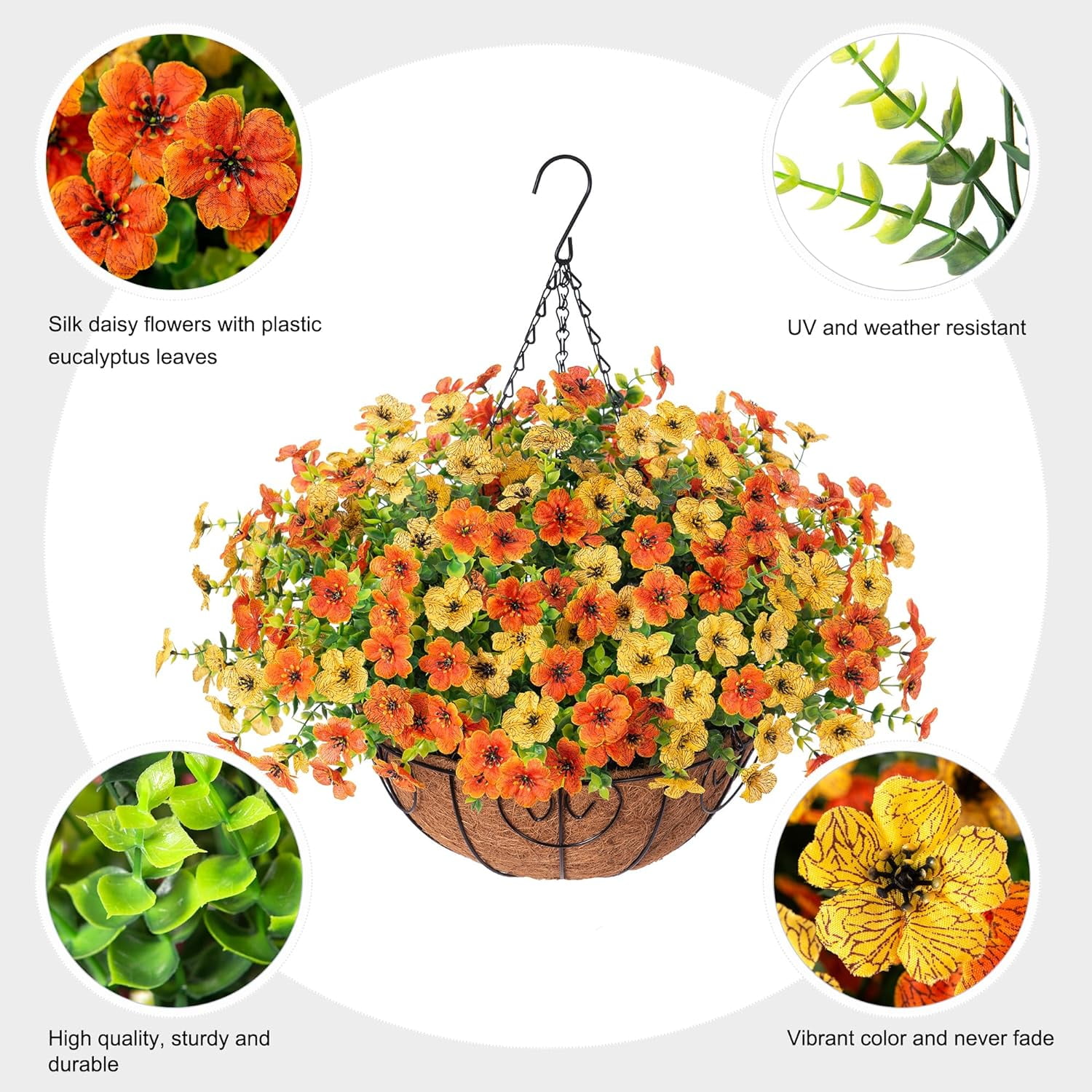Artificial Fake Hanging Plants Flowers Basket for Fall Autumn Outdoor Decor, Faux Silk Orange Dasiy Flower Look Real UV Resistant for Outside Porch Home Patio Garden Decoration