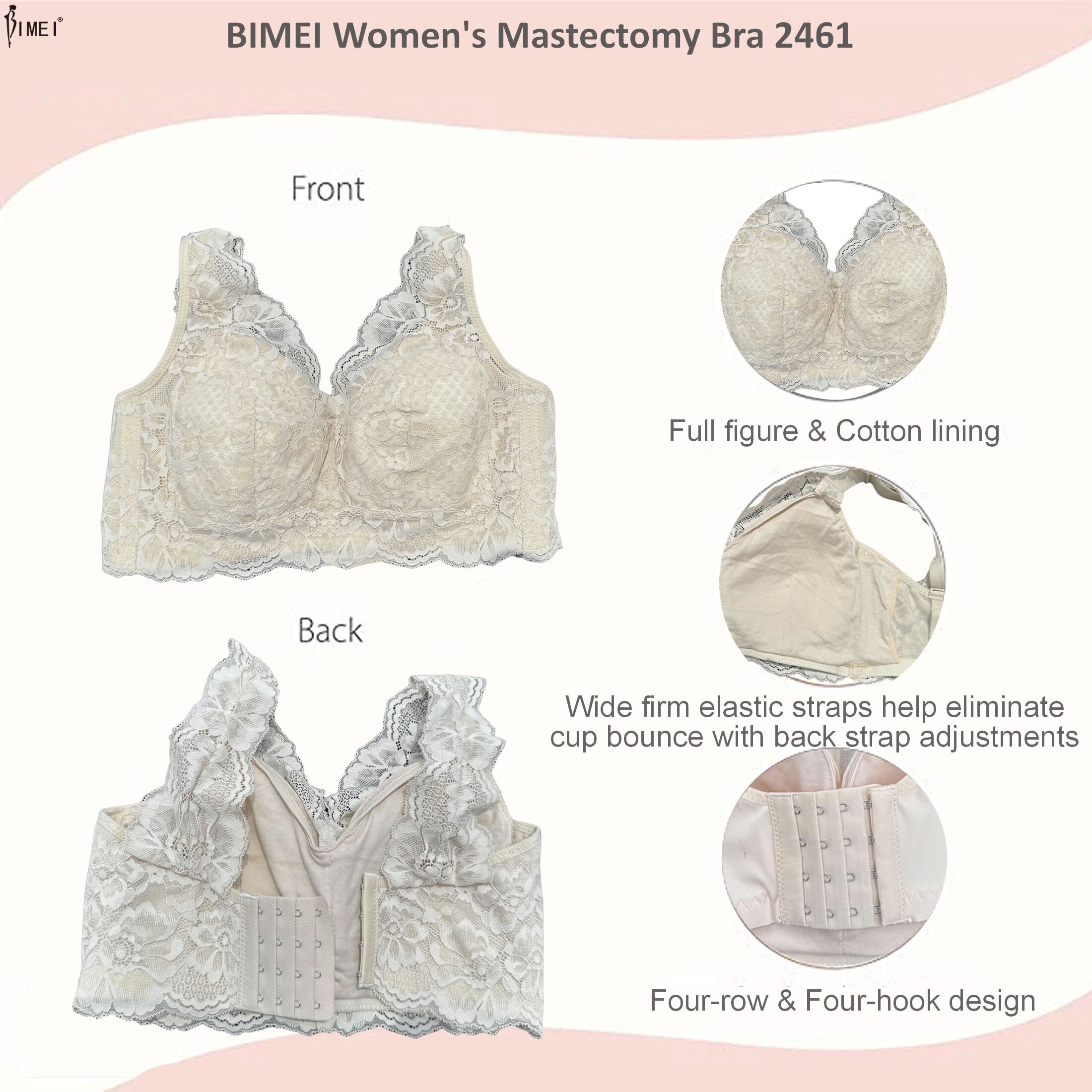 BIMEI Women's Mastectomy Pockets Wireless Post-Surgery Plus Size Full Coverage Everyday Bra 2461,Beige,36B