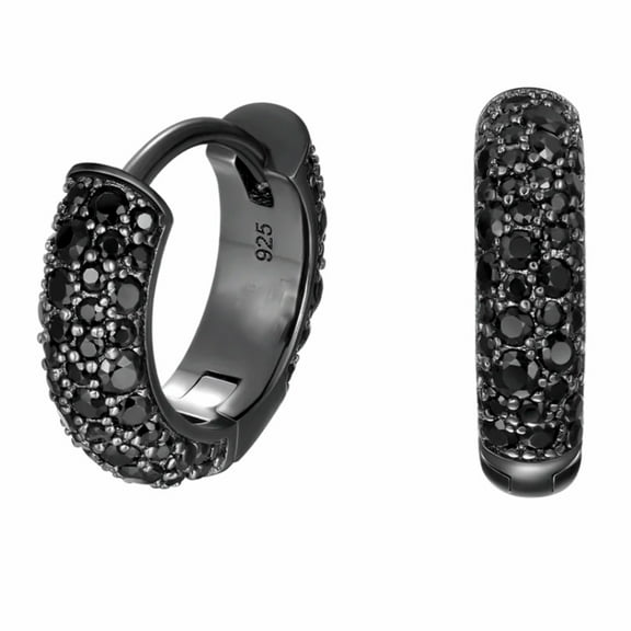 Black Plated 925 Sterling Silver Hoop Earrings Pave Set Stunning Black Onyx CZ Small Hoop Earrings