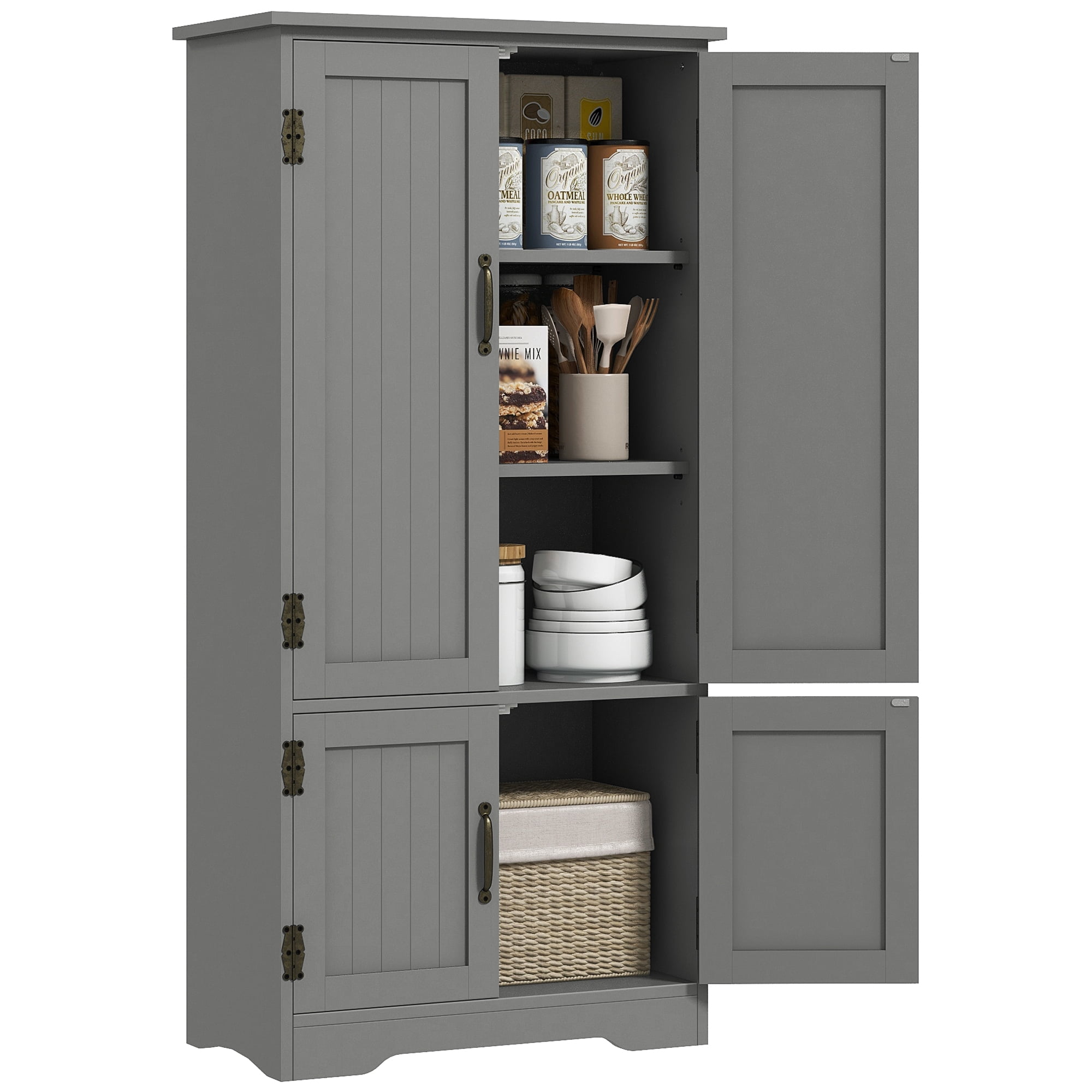 HOMCOM 48.5" Farmhouse Kitchen Pantry, Floor Storage Cabinet, Cupboard Organizer with Adjustable Shelves and 4-Doors for Dining Room, Gray