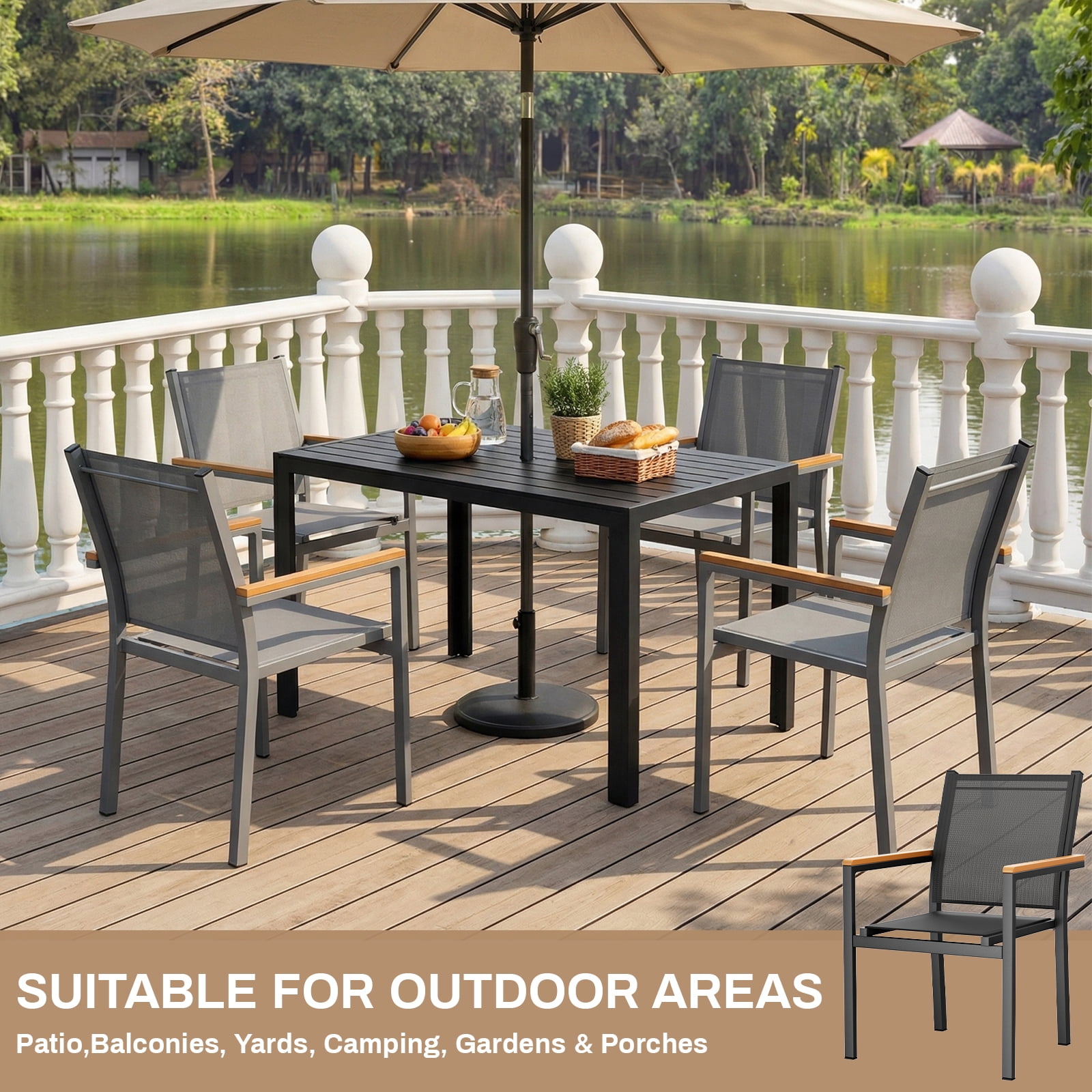 LIFERUN Patio Chairs Set of 6, Stackable Aluminum Dining Chair with Textilene Fabric & WPC Handrail, 17" Seat Height, All Weather Outdoor Chair for Poolside, Balcony, Terrace & Restaurants, Grey