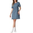 thumbnail image 2 of INSPIRE CHIC Women's Tweed Dress Round Neck Short Sleeves Work Elegant Knee Length Dresses L Blue, 2 of 6