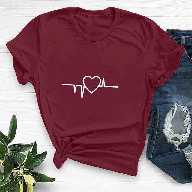 QIPOPIQ T-Shirts Graphiques pour Femmes Saint-Valentin Manches Courtes Chemises Imprimées Cœur Blouse Tops Liquidation