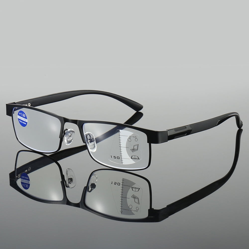 Rectangular Business Progressive Reading Glasses 2.0 for Men Metal Spring Hinge Temple Readers, Black Classic Presbyopic Sunglasses +2.00