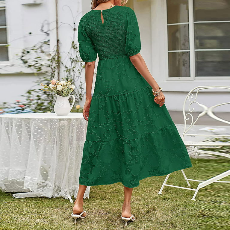 Hanas Dresses Women's 2023 Summer Puff Sleeve Smocked Floral Dress Crewneck  Lace Flowy Tiered Midi Dresses Dark Green/S 