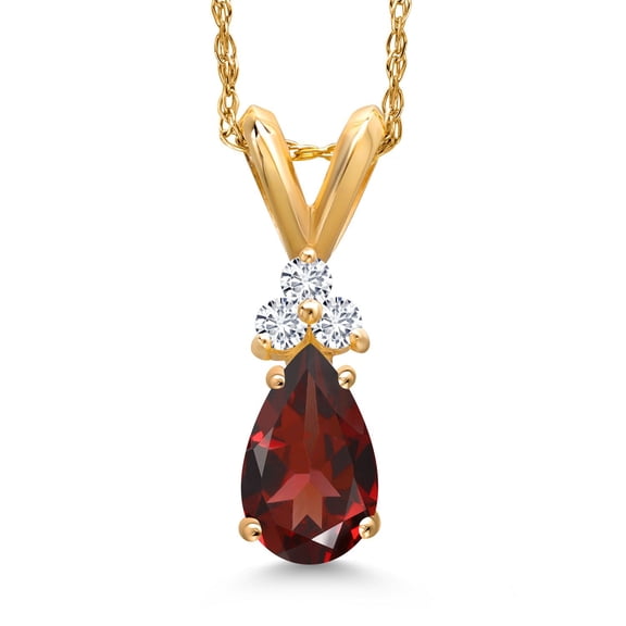 Gem Stone King 14K Yellow Gold 7X5MM Pear Shape Red Garnet and 3 Round Lab Grown Diamond Pendant Necklace | 0.85 Cttw | Gemstone Birthstone | Gold Necklace for Women | With 18 inch Chain