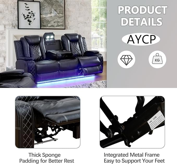 TrumanPick Power Air Leather Recliner Sofa Set with LED Lights Couches for Living Room with USB Port, Cup Holders, Black