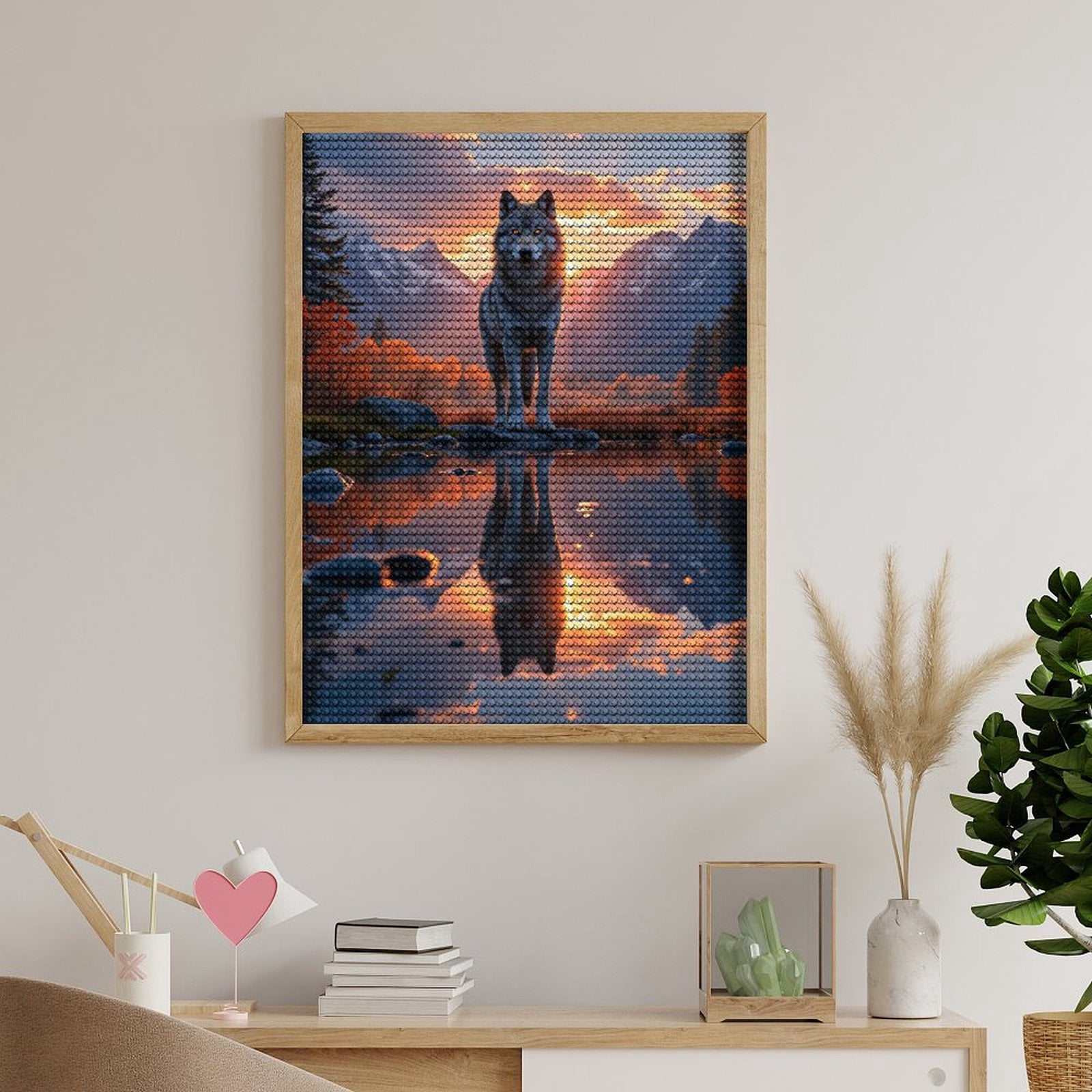 Diamond Art Kits for Adults, Wolf Sunset Reflection Mountains Serenity 5D Diamond Painting Kits for Adults Beginners, DIY Full Drill Diamond Painting, Gem Art and Crafts 12x16