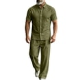thumbnail image 2 of LEKWK Men Linen Sets Outfits 2 Piece Button Down Short Sleeve Collared Tops and Drawstring Wide Leg Pants Loose Fit Solid Summer Beach Vacation Resort Wear, 2 of 5
