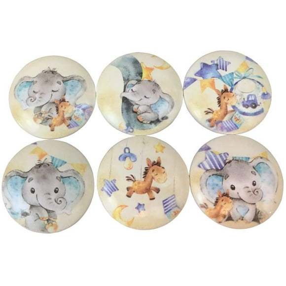 Set of 6 Yellow Elephant Nursery Print Wood Cabinet knob