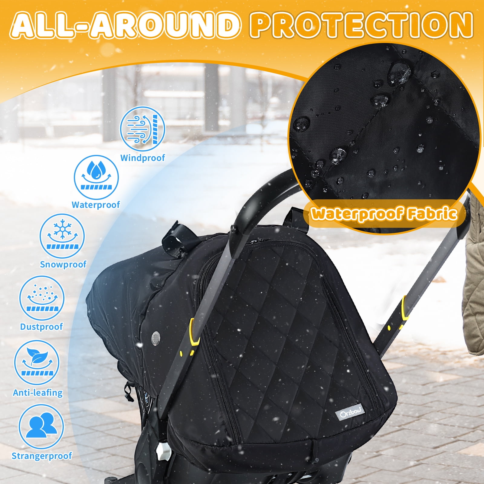 Orzbow Winter Baby Car Seat Cover with Front Zipper Door, Cold Weather Carseat Cover Canopy, Side Breathable, Rain, Snow and Wind Proof Car Seat Carrier Canopy Cover, Machine Washable, Black