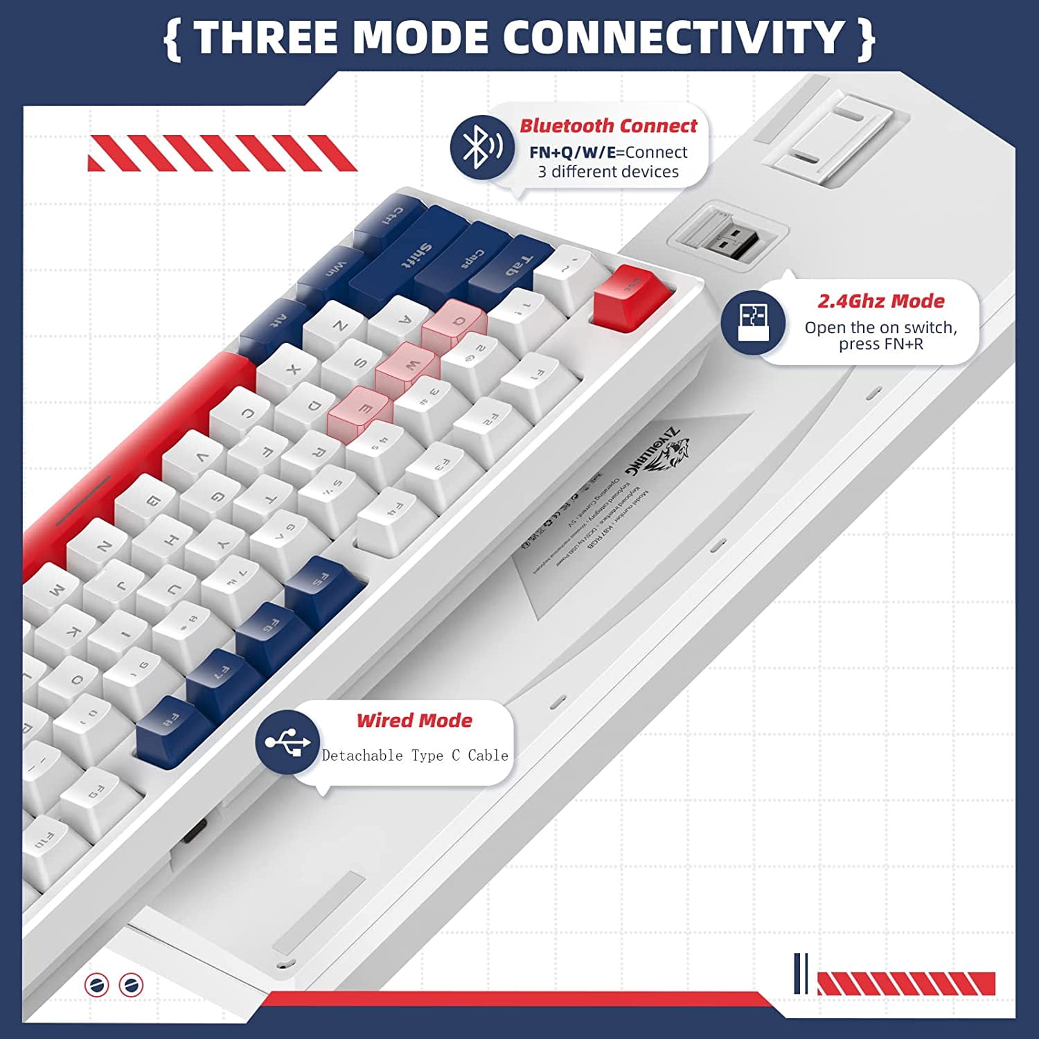 Lexontech K87 Mechanical Keyboard, TKL 87 Keys Wireless 2.4GHz/Bluetooth 5.1/Wired Custom Coiled USB C Cable RGB Gaming Keyboard, Hot-Swappable Yellow Switch for PC PS5 PS4 Xbox one Mac Cherry MX
