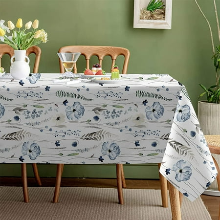 

Floral Tablecloth 60 x 84 Inch Rectangle Blue Flowers Tablecloths Spring Summer Plants and Leaves Table Cloth Indoor Outdoor Seasonal Table Cover for Easter Home Kitchen Dining Parties Banquet Decor