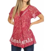 Sakkas Ash Speckled Tiedye Embroidered Cap Sleeve Blouse Top With Embroidery Hems - Fuchsia - Plus Size