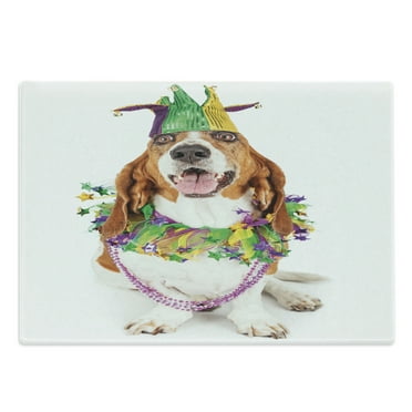 Mardi Gras Cutting Board, Happy Smiling Basset Hound Dog Wearing a Jester Hat Neck Garland Bead Necklace, Decorative Tempered Glass Cutting and Serving Board, Large Size, Multicolor, by Ambesonne