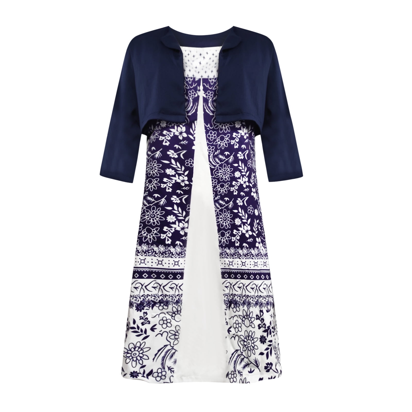 Edvintorg Dress Sets Women's Summer Printed Round Neck Elegant A Line Sling Dress and Half Sleeve Cardigan Tops Set Suit Vacation Two Piece Set