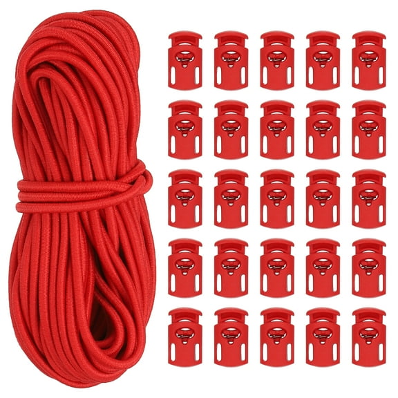10 Yard Elastic Bungee Cord & Single Hole Cord Lock, Plastic Oval Spring Toggle Stopper, Red 2 Pack