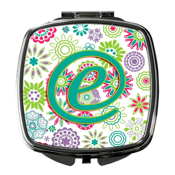 Letter E Flowers Pink Teal Green Initial Compact Mirror CJ2011-ESCM