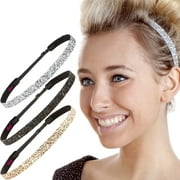 Hipsy Adjustable No Slip Black Gold & Silver Bling Glitter Headbands for Women 3-Pack