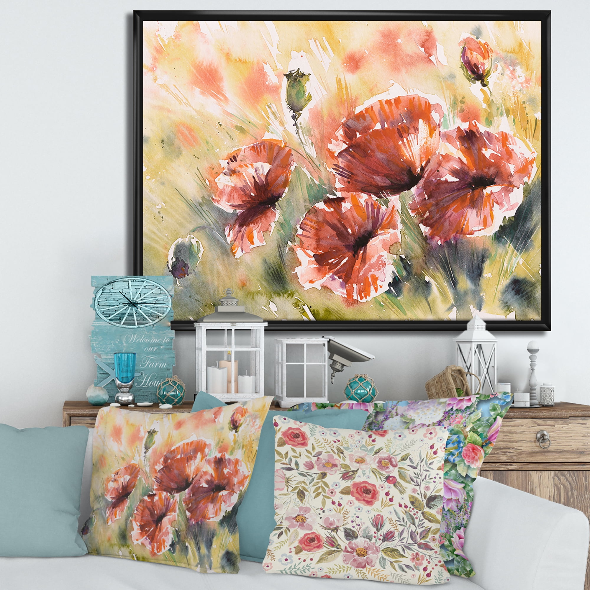 Designart 'Abstract Red Poppy On A Field' Traditional Framed Canvas Wall Art Print