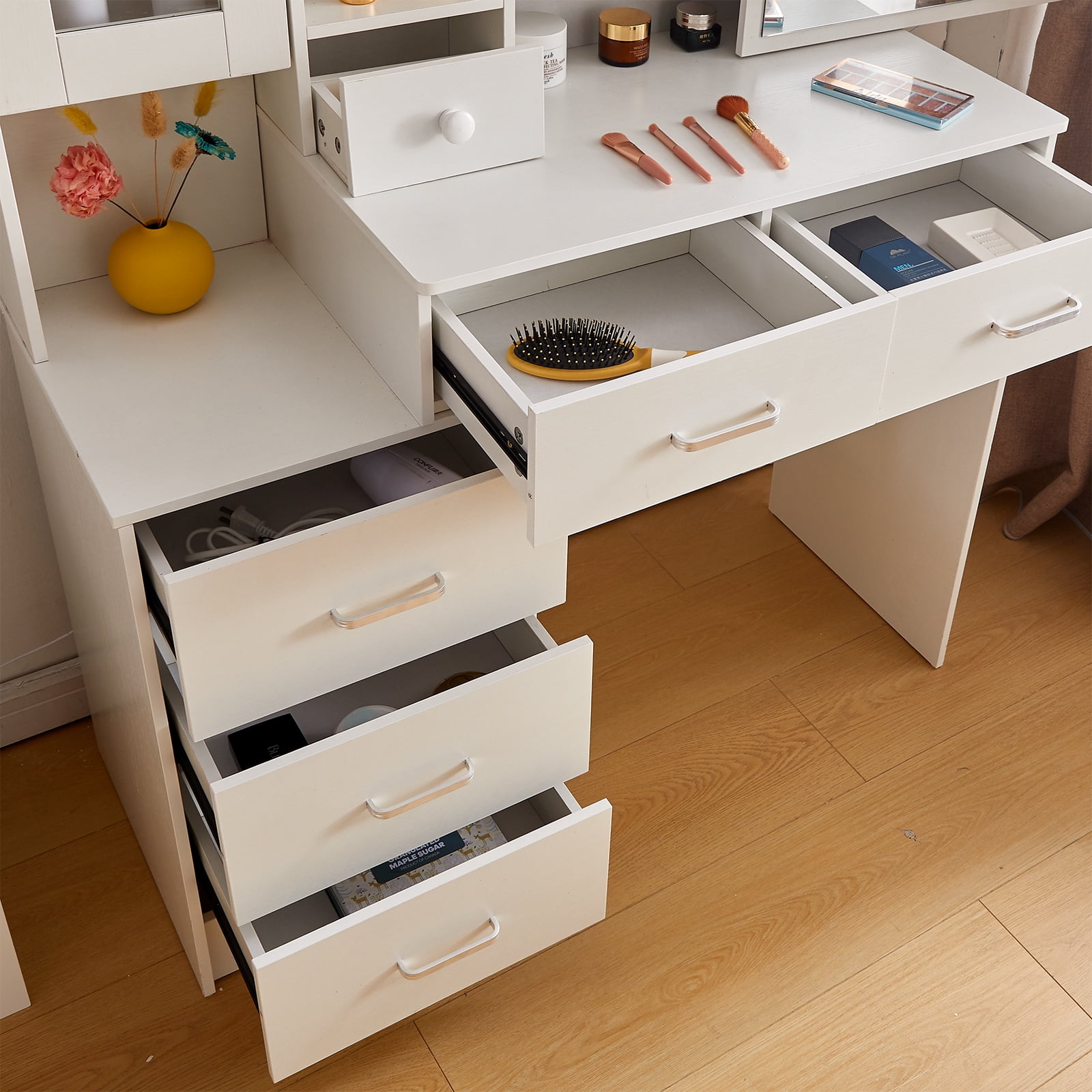 Yamissi Modern Vanity Desk with LED Lights and Mirror, Makeup Vanity Table with Drawers & Cabinet for Bedroom, White